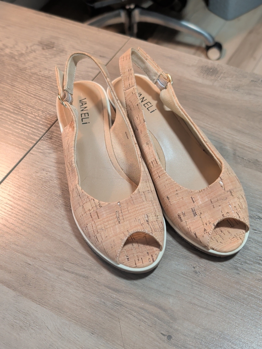 Vaneli Women's Cork Slingback Peep-Toe Wedges in Tan
